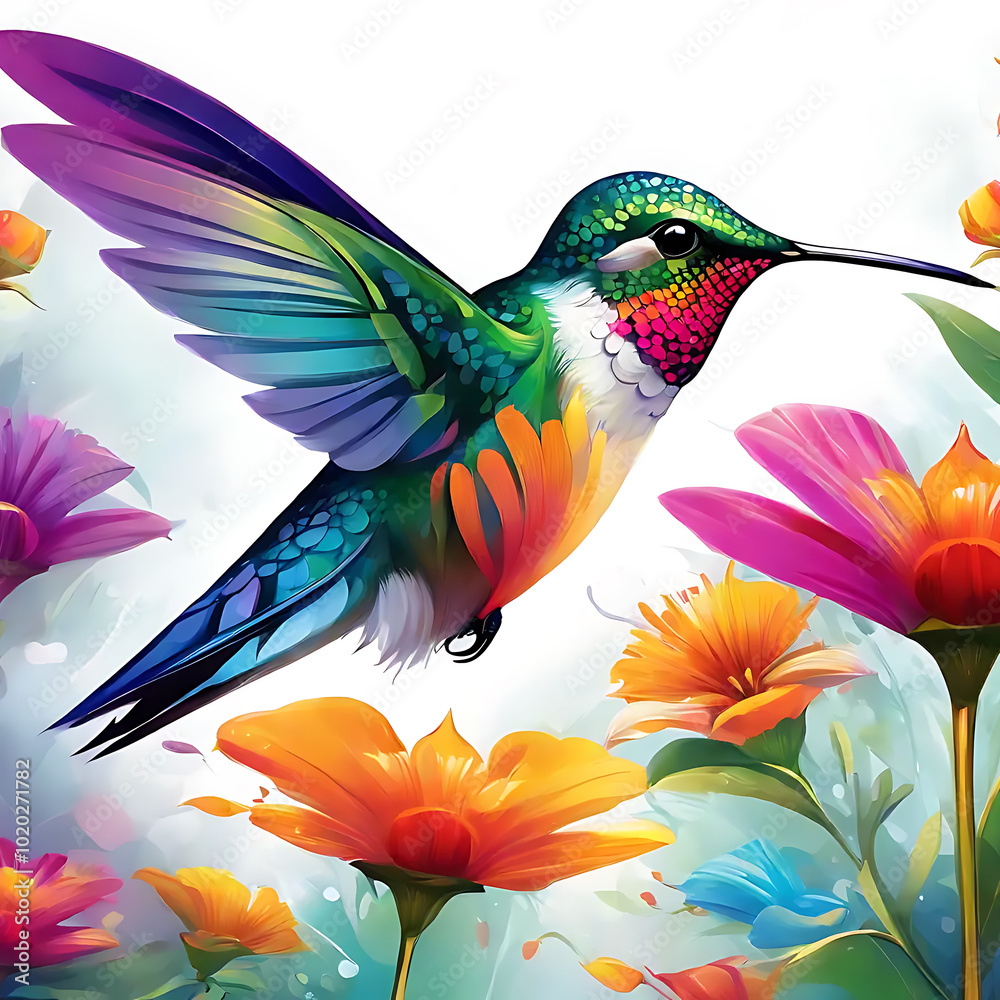 Fototapeta premium Little bird Hummingbird close-up with a flowers painted on a light background abstract decorative painting