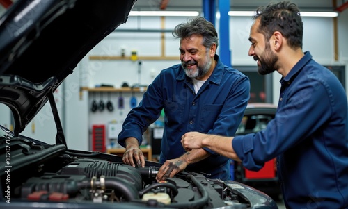 Indian Mechanic Inspecting a Car Engine in Garage Workshop for Repairs