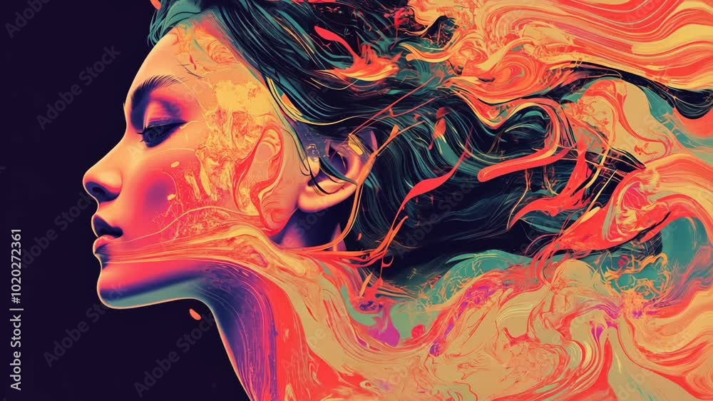 A digital illustration of a woman's profile, rendered in vibrant red, orange, and yellow tones