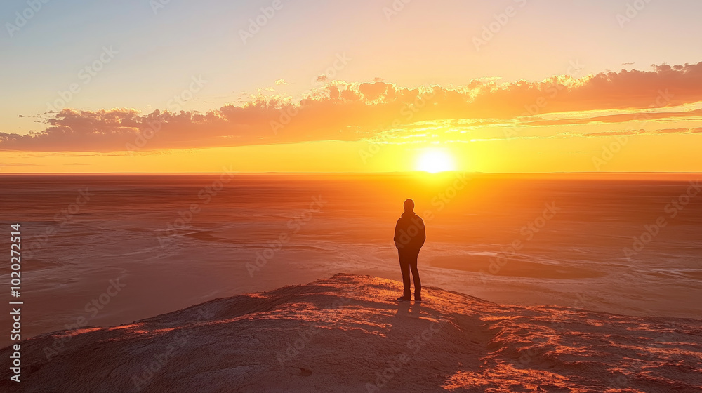 Fototapeta premium Solitude at sunset: silhouette watching vibrant horizon on desert dunes