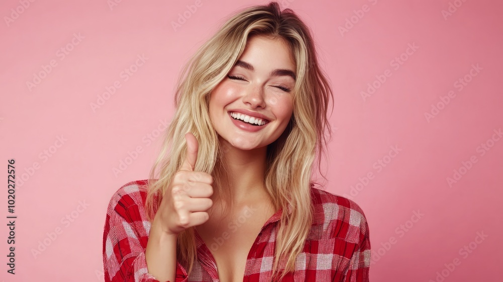 A young woman with blonde hair and a red and white plaid shirt smiles and gives a thumbs up against a pink background. A young woman with blonde hair and a red and white plaid shirt smiles and gives a thumbs up against a pink background.