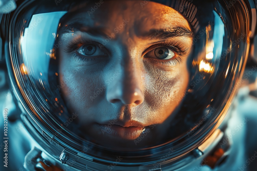 A close up of an astronauts face, eyes reflecting through the glass of a space helmet A close up of an astronauts face, eyes reflecting through the glass of a space helmet