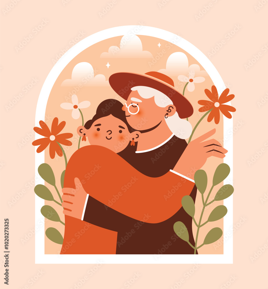Grandmother hugs her granddaughter. Naive illustration with senior woman and girl, they stands and hugging among flowers, plants in garden. Cute clip art in window frame. Cartoon characters. Grandmother hugs her granddaughter. Naive illustration with senior woman and girl, they stands and hugging among flowers, plants in garden. Cute clip art in window frame. Cartoon characters.