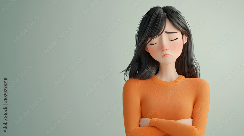 Fototapeta premium A 3D illustration of a sad cartoon woman with long black hair, wearing an orange sweater and arms crossed.