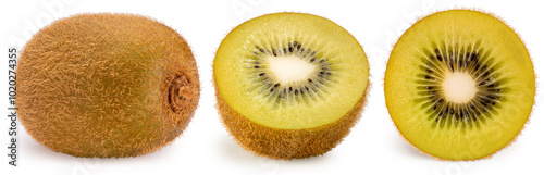 Kiwi fruit, Whole fresh KIwi, cut into halves Kiwi on White background, Golden Kiwi isolate on white with clipping path.