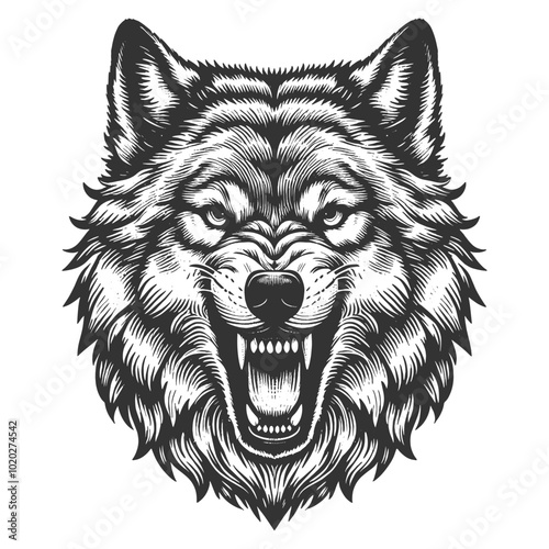 fierce howling wolf growling with bared teeth. Tattoo design. Strength and wild nature sketch engraving generative ai vector illustration. Scratch board imitation. Black and white image.