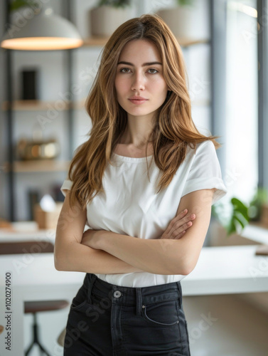 Free Download Portrait of a young professional woman in a black shirt with arms crossed, standing in a modern office environment. Concept of business, professionalism, and confidence - GFXLoad