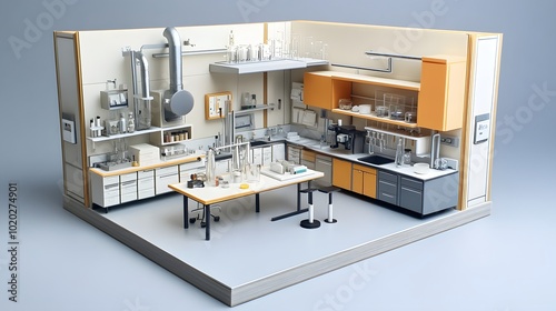 143. A laboratory layout featuring various fume hood styles and designs