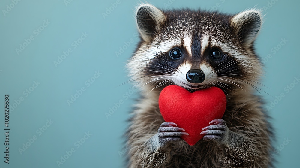 A cute raccoon holding a red heart against a blue background. A cute raccoon holding a red heart against a blue background.