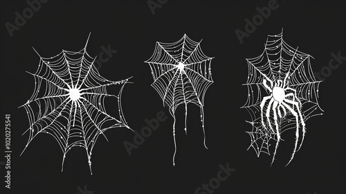 Three stylized white spider webs on a black background, one with a spider in the center. photo