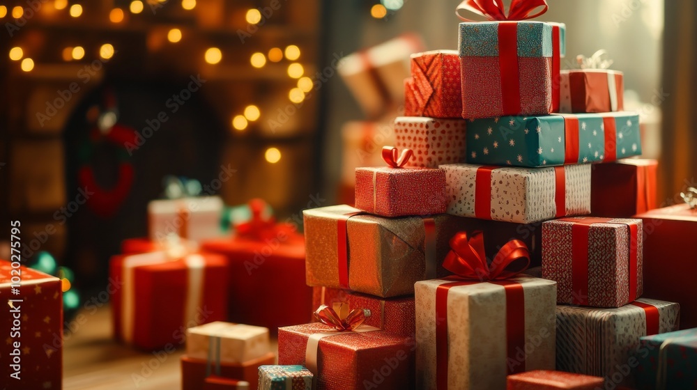 Fototapeta premium Large stack of colorfully wrapped decorative christmas gifts with festive ribbons and bows, perfect for holiday celebrations and gift-giving moments