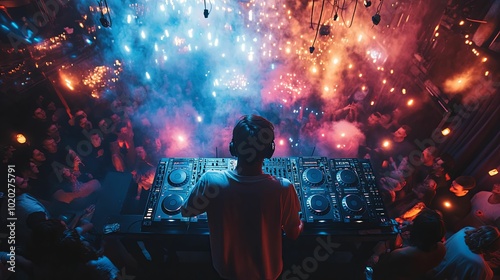 DJ performing at a crowded nightclub with colorful lights and smoke