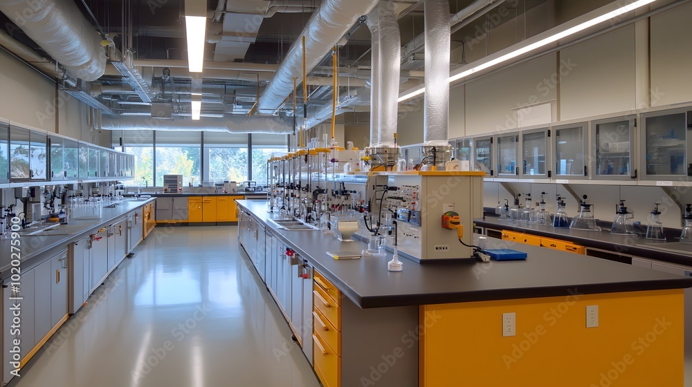 145. A vibrant lab atmosphere surrounding fume hoods and scientific discovery