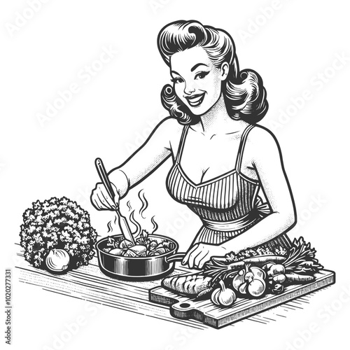 woman cooking with fresh vegetables, classic kitchen scene in vintage sketch engraving generative ai fictional character vector illustration. Scratch board imitation. Black and white image.
