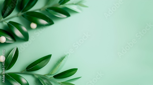 A creative composition showcases lush green leaves paired with delicate pearls on a calming turquoise backdrop, perfect for conveying freshness and elegance