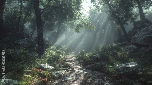 The dark and eerie forest with Tarkovsky style showcases a cinematic atmosphere and realistic details. The grainy texture of the film and the distant sea of clouds add a mysterious beauty to the scene photo