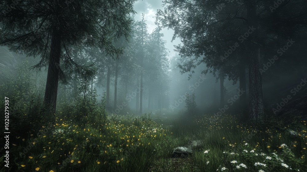 Obraz premium The dark and eerie forest with Tarkovsky style showcases a cinematic atmosphere and realistic details. The grainy texture of the film and the distant sea of clouds add a mysterious beauty to the scene