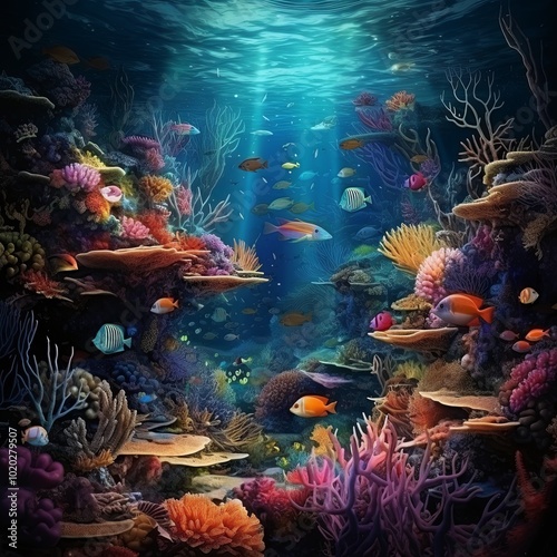 Underwater scene with colorful coral reefs, exotic fish and mysterious sea creatures.