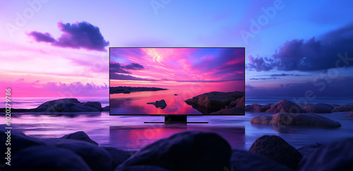 32K LED TV, sitting on an elegant stand in the center of a modern living room, against a wall with a gradient color scheme that transitions from dark blue to light pink and red, reflecting the sky