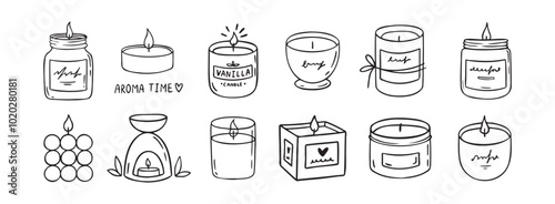 Candle doodle hand drawn icon set. Different shapes of wax candles, cubes, cylinders, balls. Burning candles