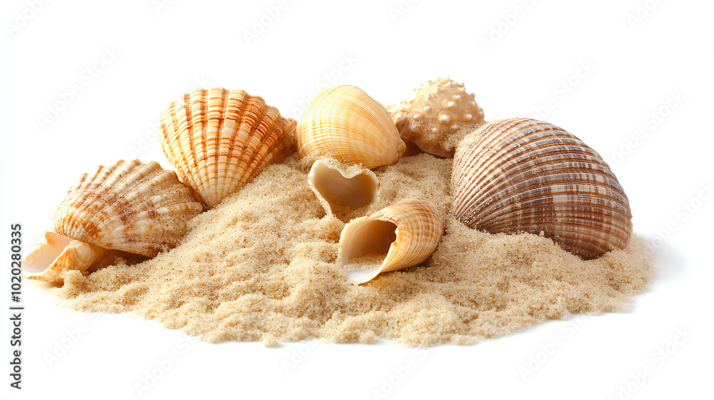 A group of seashells resting in a pile of sand isolated on a white background. A group of seashells resting in a pile of sand isolated on a white background.