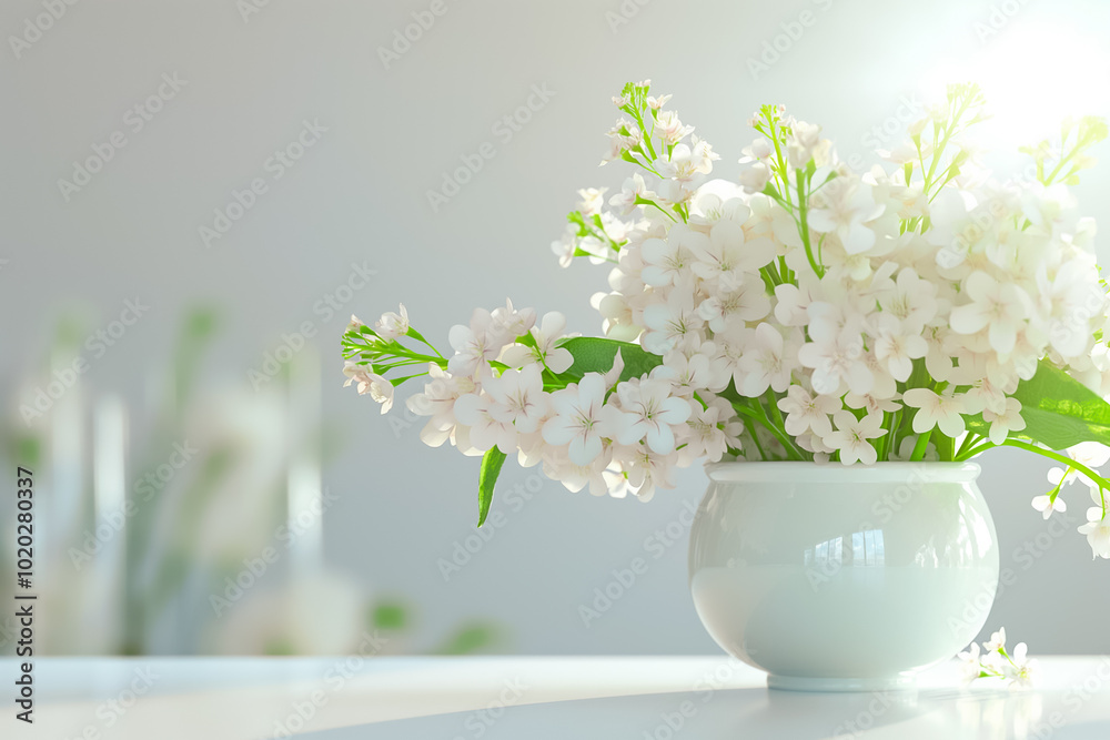 Delicate white blooms flourish in a minimalist vase, bathed in gentle sunlight. This serene arrangement evokes a fresh and inviting atmosphere, perfect for adding charm to any space Delicate white blooms flourish in a minimalist vase, bathed in gentle sunlight. This serene arrangement evokes a fresh and inviting atmosphere, perfect for adding charm to any space