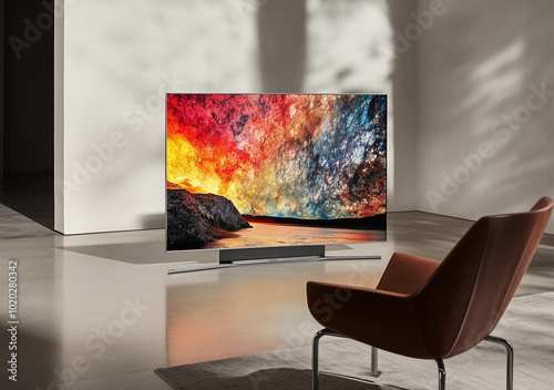A large flat-screen television is mounted on the wall of an empty living room. The TV has dark wood legs and stands next to a sofa