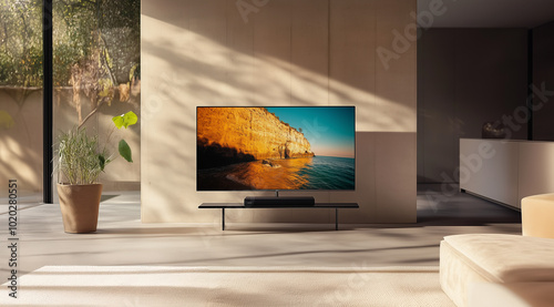 A large flat-screen television is mounted on the wall of an empty living room. The TV has dark wood legs and stands next to a sofa