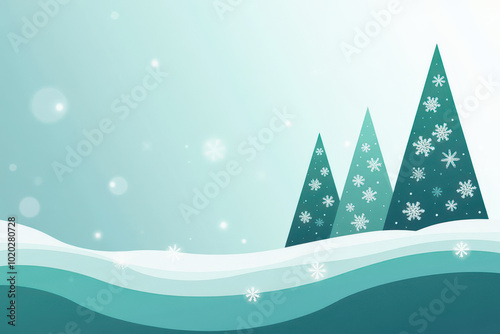 Digital illustration of a winter theme abstract Christmas trees in a gradient light blue background. Intricate snowflake patterns adorn the trees of varying sizes,with a wavy teal and white design photo