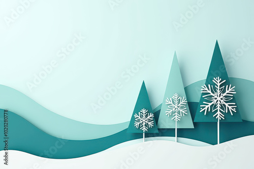 Digital illustration of a winter theme abstract Christmas trees in a gradient light blue background. Intricate snowflake patterns adorn the trees of varying sizes,with a wavy teal and white design photo