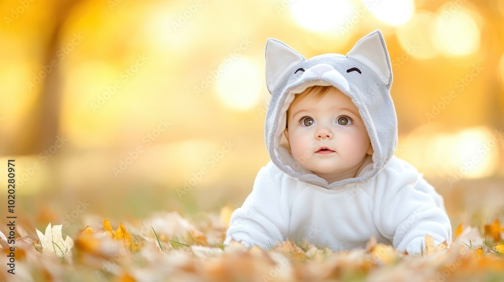 A baby in a cute animal costume plays with leaves in an autumn park. Concept: innocence, discovery. A baby in a cute animal costume plays with leaves in an autumn park. Concept: innocence, discovery.