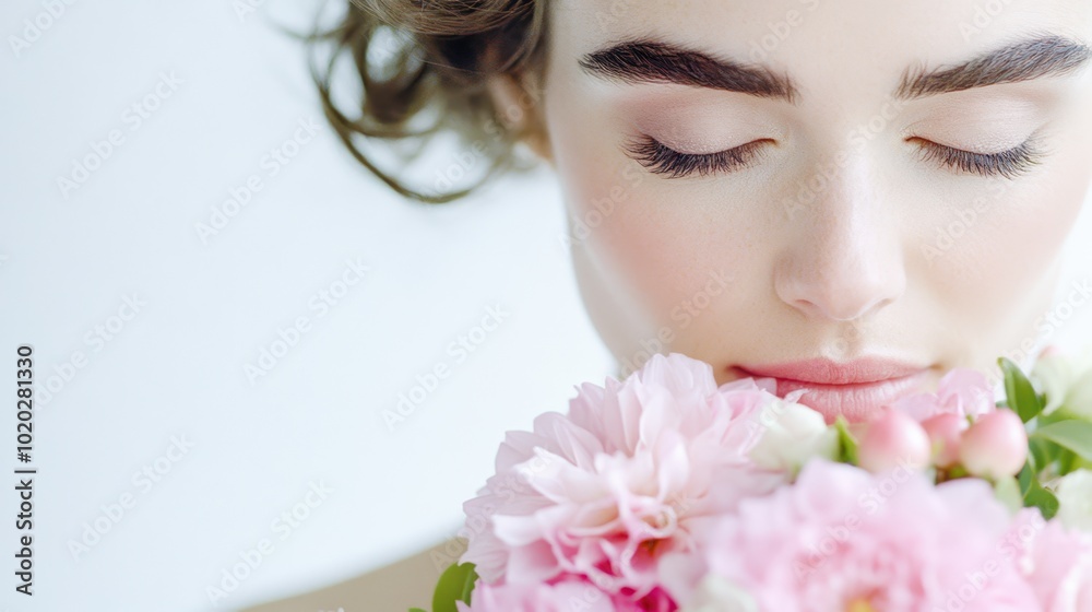 Bride holding a large bouquet of pink peonies. Concept: wedding elegance and romance. Bride holding a large bouquet of pink peonies. Concept: wedding elegance and romance.