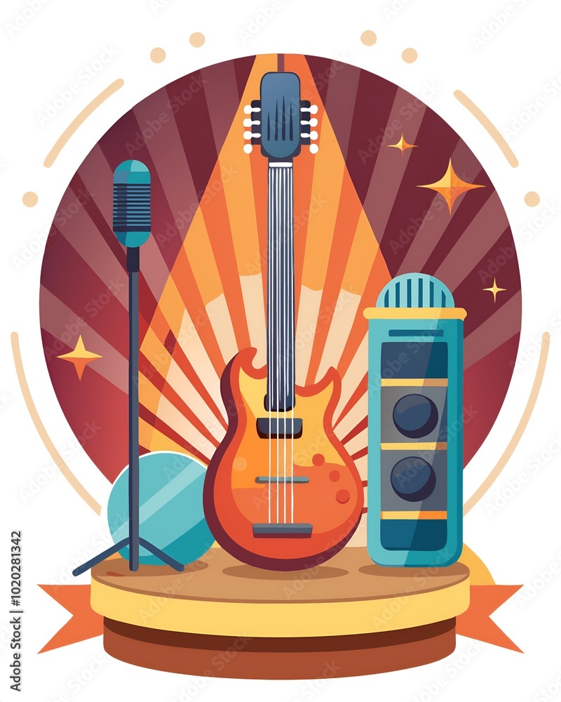 Obraz premium A guitar and microphone are on a stage with a microphone stand