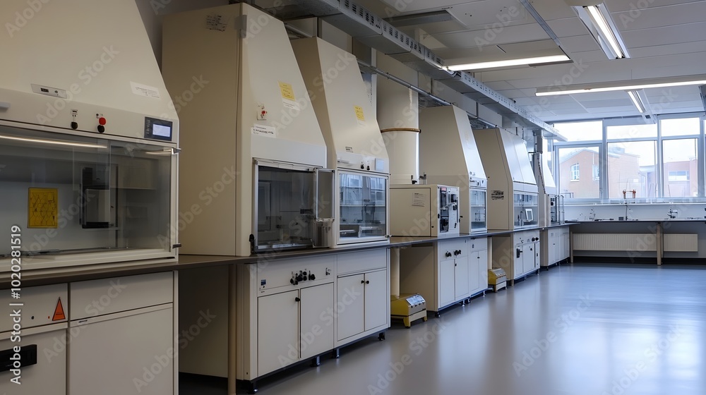 129. A bright and modern laboratory showcasing various fume hood designs 129. A bright and modern laboratory showcasing various fume hood designs