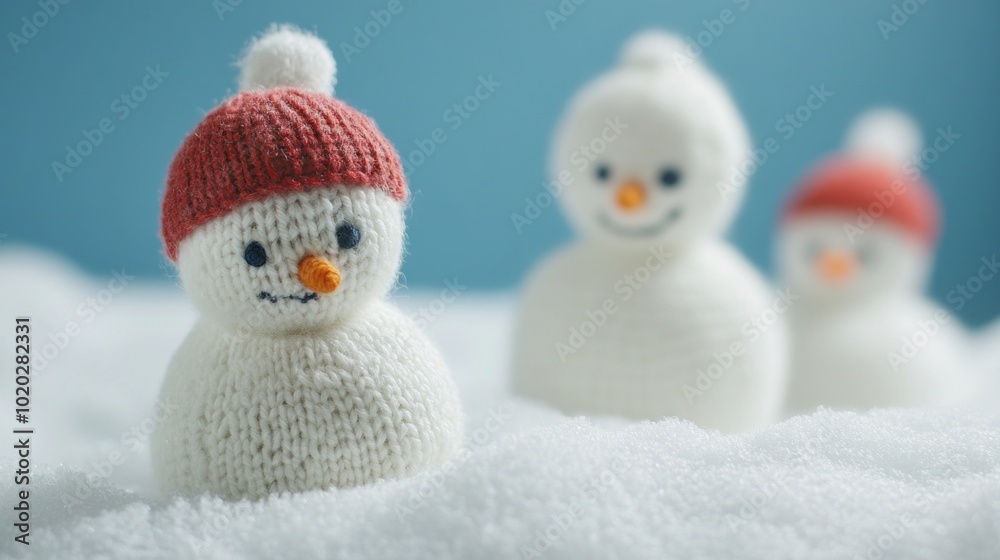 Charming handmade snowman on a blanket of white snow against a soft blue background, perfect for holiday greetings, christmas decor, and winter-themed designs, evoking a whimsical and cozy atmosphere Charming handmade snowman on a blanket of white snow against a soft blue background, perfect for holiday greetings, christmas decor, and winter-themed designs, evoking a whimsical and cozy atmosphere