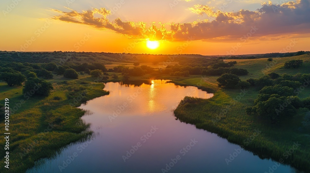 Aerial view of a lake reflecting a stunning sunset with green hills and trees surrounding it. Aerial view of a lake reflecting a stunning sunset with green hills and trees surrounding it.