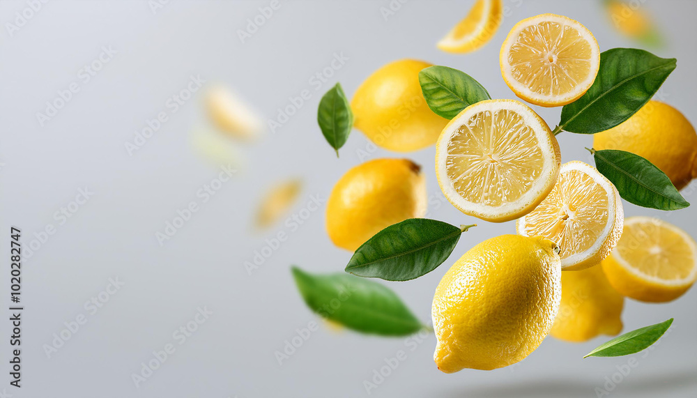 Juicy ripe lemons flying yellow with green leaves on light gray background.Tropical organic fruit, citrus, vitamin C.Lemon slices. Summer minimalistic.Generative AI Juicy ripe lemons flying yellow with green leaves on light gray background.Tropical organic fruit, citrus, vitamin C.Lemon slices. Summer minimalistic.Generative AI