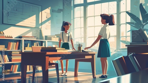 Two young women in school uniforms stand in a classroom, one pointing at something on a table.