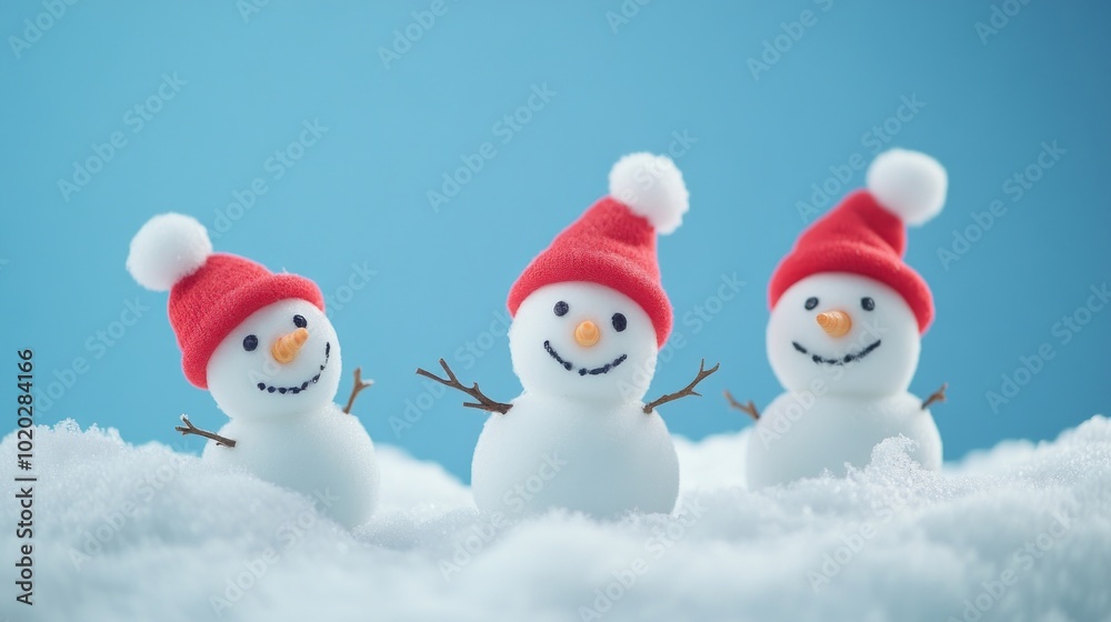 Charming handmade snowman on a blanket of white snow against a soft blue background, perfect for holiday greetings, christmas decor, and winter-themed designs, evoking a whimsical and cozy atmosphere Charming handmade snowman on a blanket of white snow against a soft blue background, perfect for holiday greetings, christmas decor, and winter-themed designs, evoking a whimsical and cozy atmosphere