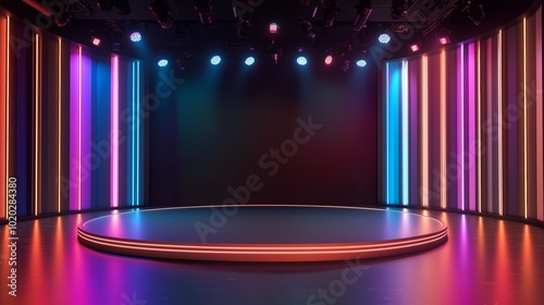 Night talk show, virtual studio background. Ideal also for online broadcasting, or live, streaming events. 3D rendering backdrop suitable on VR tracking system stage sets