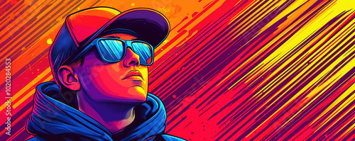 Young man wearing sunglasses and baseball cap posing in front of colorful background