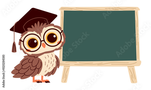 A cute owl with glasses stands next to the blackboard. A place for your text on the blackboard. Vector illustration in children's style . Vector illustration