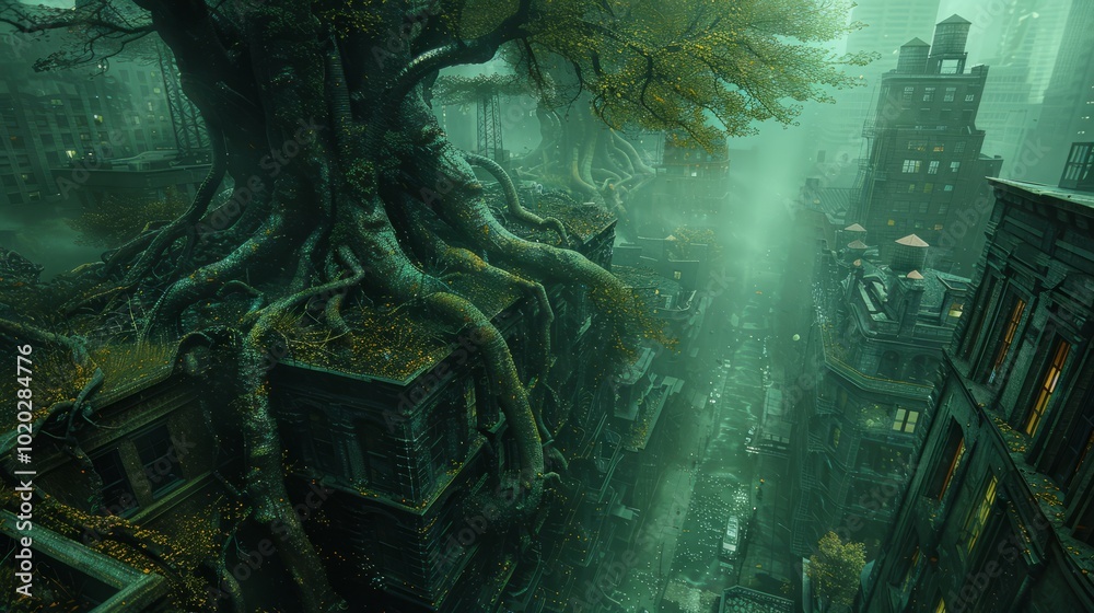 Towering trees emerge from crumbling structures, intertwining with the remnants of a once-thriving city, shrouded in mist and mystery at dawn