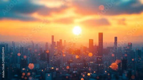 Sunset Over A Modern City Skyline With A Blurred Background