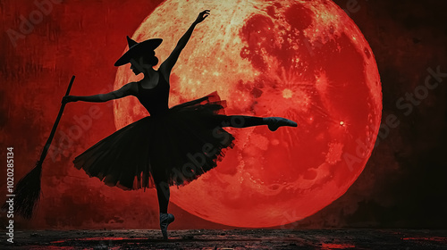 Ballerina and Red Moon: A ballerina in a black witch costume dancing on an old road with a huge red moon in the background.