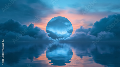 Beautiful Landscape View of Half Cloudy Circle Reflecting on Water at Night: A serene night scene with a half-cloudy moon reflecting beautifully on calm water, creating a peaceful and enchanting 