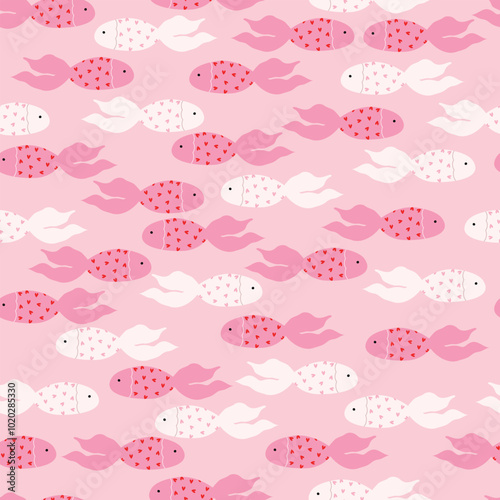Cute fishes with red hearts on pink background. Seamless pattern with fish, vector illustration.