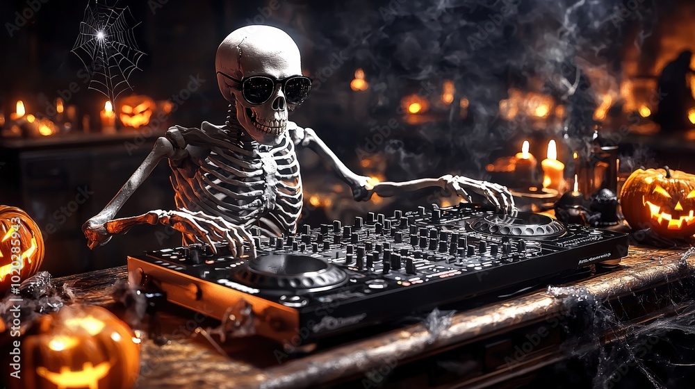 DJ Skeleton in Oversized Sunglasses at Halloween Party DJ Skeleton in Oversized Sunglasses at Halloween Party