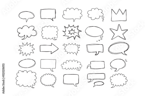  Speaking hand drawn doodle bubbles set. Talk clouds sketch frames. Speech thought Balloon shapes.