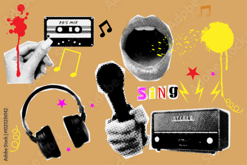 Cut out of paper retro set of halftone collage elements,sing,headphone,radio,microphone on dirty orange background